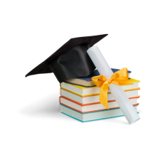graduation cap and diploma on stack of books